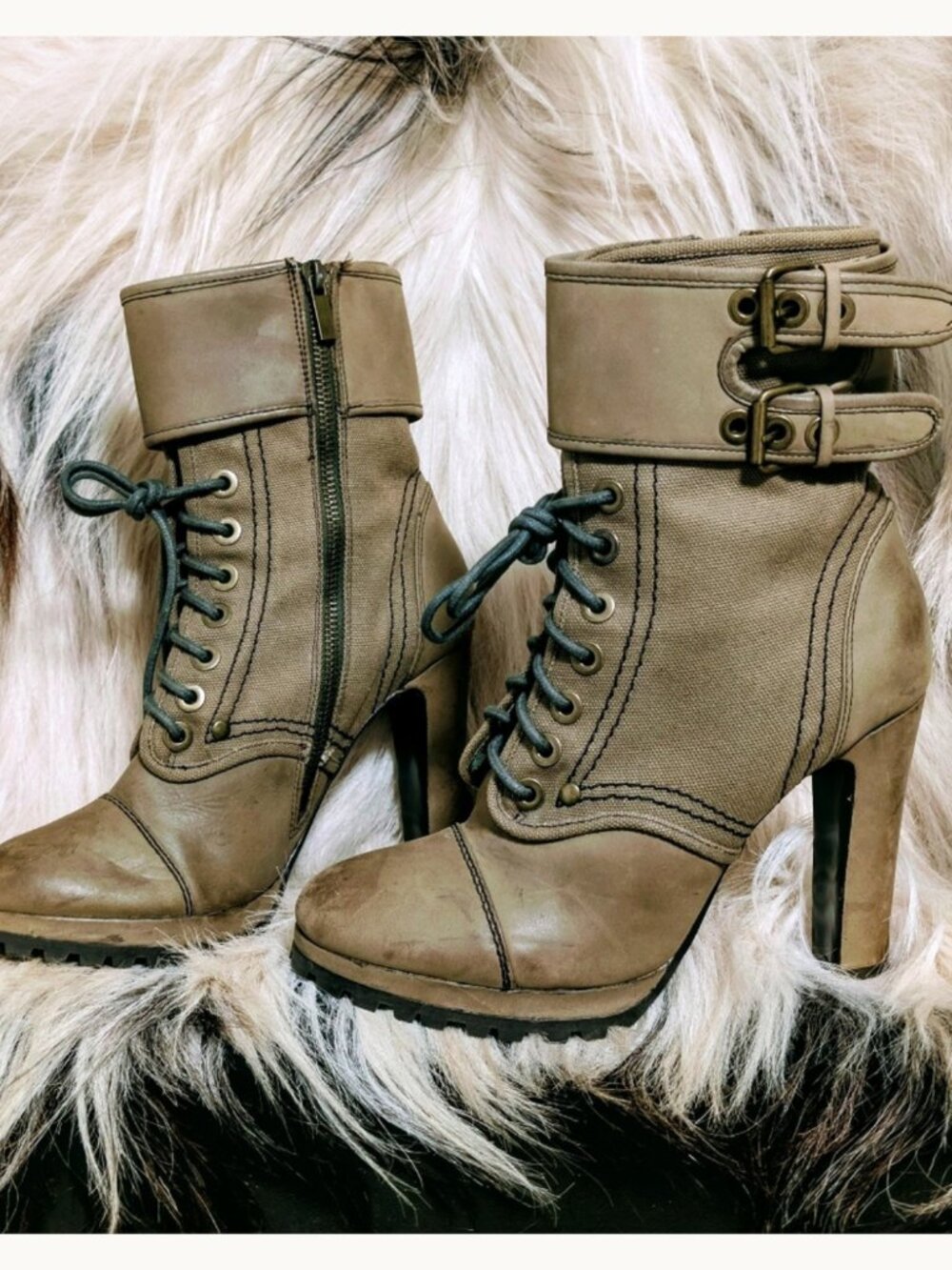 Dolce Vita Military Heeled Booties Khaki Canvas Leather Lace Up 8.5 Rare